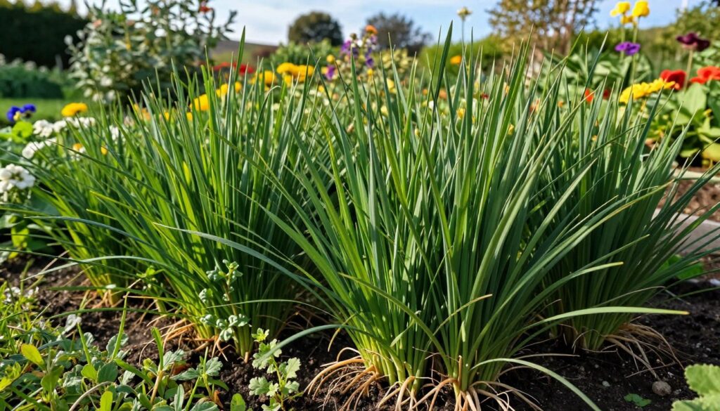 A close-up view of dense, lush Perennial Ryegrass (perz) growing in a garden, showcasing the deep green blades, thick foliage, and extensive root system intertwined with soil. In the foreground, emphasize small invasive weeds peeking through the grass, illustrating the challenge of weed control. In the middle ground, display a diverse array of flowering plants, symbolizing effective companion planting techniques, with vibrant colors contrasting against the green backdrop. The background should include a soft-focus image of a sunny garden landscape with distant trees and a blue sky, creating an inviting mood. Use warm, natural lighting to highlight the textures and colors, captured through a 50mm lens at a slightly elevated angle, conveying a sense of depth and detail. A close-up view of dense, lush Perennial Ryegrass (perz) growing in a garden, showcasing the deep green blades, thick foliage, and extensive root system intertwined with soil. In the foreground, emphasize small invasive weeds peeking through the grass, illustrating the challenge of weed control. In the middle ground, display a diverse array of flowering plants, symbolizing effective companion planting techniques, with vibrant colors contrasting against the green backdrop. The background should include a soft-focus image of a sunny garden landscape with distant trees and a blue sky, creating an inviting mood. Use warm, natural lighting to highlight the textures and colors, captured through a 50mm lens at a slightly elevated angle, conveying a sense of depth and detail.