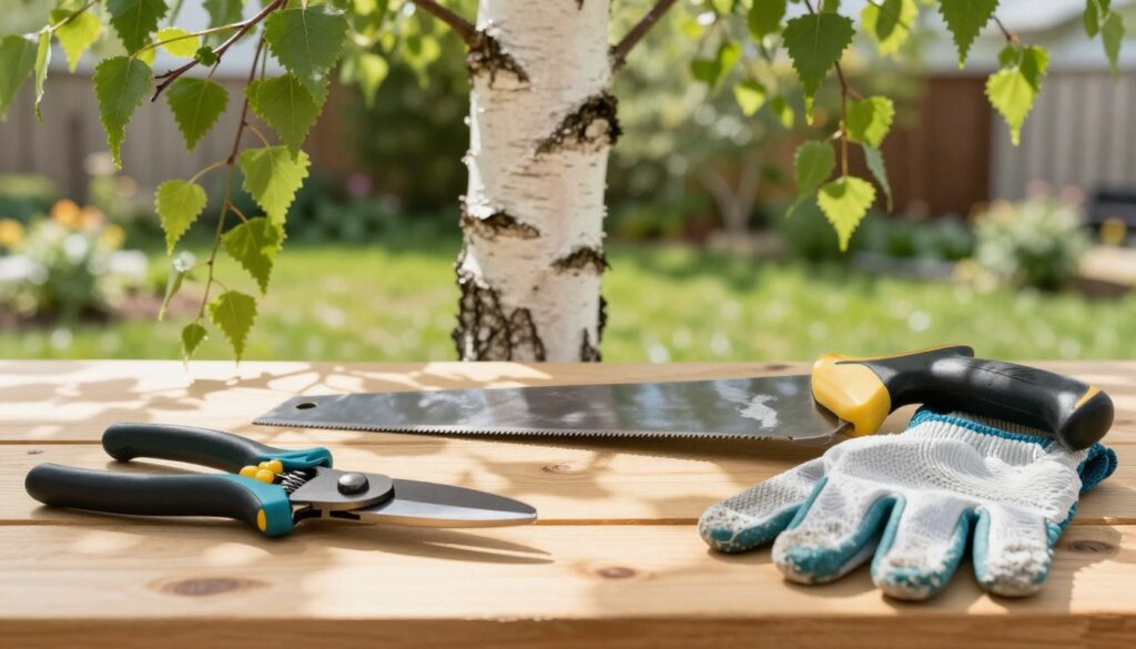 A close-up view of essential tools for pruning a birch tree, including sharp pruning shears, a hand saw, and safety gloves, meticulously arranged on a wooden workbench. In the foreground, the focused tools highlight their metallic gleam and precision, while the middle ground features a healthy birch tree with its distinctive white bark and delicate green leaves, suggesting care and maintenance. The background shows a serene garden setting with soft sunlight filtering through the tree leaves, casting gentle shadows, enhancing the peaceful atmosphere of an outdoor workspace. The overall mood is calm and professional, ideal for conveying the importance of proper tools in tree pruning. The image should have a natural color palette with crisp details and soft, even lighting. A close-up view of essential tools for pruning a birch tree, including sharp pruning shears, a hand saw, and safety gloves, meticulously arranged on a wooden workbench. In the foreground, the focused tools highlight their metallic gleam and precision, while the middle ground features a healthy birch tree with its distinctive white bark and delicate green leaves, suggesting care and maintenance. The background shows a serene garden setting with soft sunlight filtering through the tree leaves, casting gentle shadows, enhancing the peaceful atmosphere of an outdoor workspace. The overall mood is calm and professional, ideal for conveying the importance of proper tools in tree pruning. The image should have a natural color palette with crisp details and soft, even lighting.
