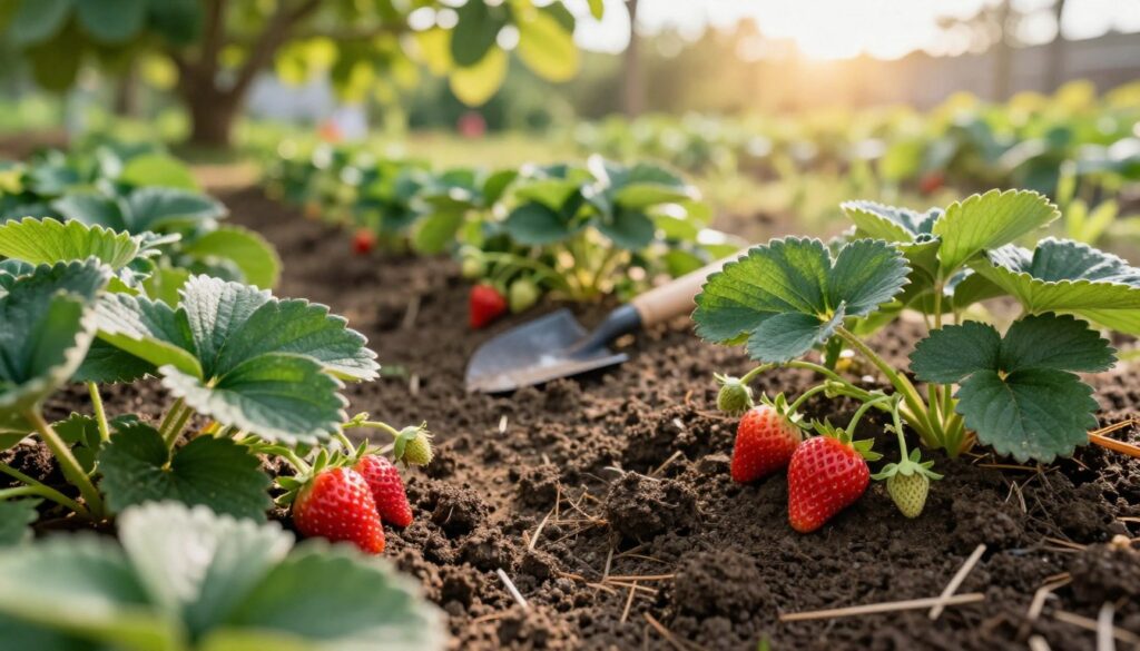 A close-up view of fertile soil ideal for strawberry cultivation, showcasing rich, dark, crumbly gleba with a texture that suggests high nutrient content. The foreground features healthy green strawberry plants with vibrant red berries peeking through lush leaves, indicating a bountiful harvest. In the middle ground, a gardening trowel and small plants are scattered, hinting at recent planting activities. The background includes a soft focus of a sunny garden with gentle, dappled sunlight filtering through a few leafy trees, creating a warm and inviting atmosphere. The lens captures a depth of field that highlights the foreground while blurring the background slightly, emphasizing the lush textures. The mood is serene and optimistic, evoking a sense of nurturing and growth.
