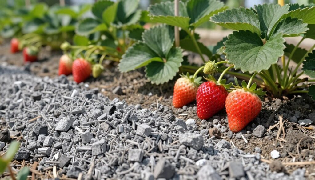 A close-up view of fine, gray ash from burnt wood, displayed prominently in the foreground, showcasing its texture and consistency. In the middle ground, vibrant strawberry plants with lush green leaves and ripe red strawberries nestle amongst the ash, suggesting an interaction between the two. The background features a sunny garden scene with blurred lines of various plants, emphasizing a fresh and organic atmosphere. Soft, natural lighting illuminates the scene, casting gentle shadows and enhancing the colors of the strawberries. The overall mood is serene and earthy, conveying a sense of nurturing nature, with a focus on the potential benefits of using wood ash in gardening. A close-up view of fine, gray ash from burnt wood, displayed prominently in the foreground, showcasing its texture and consistency. In the middle ground, vibrant strawberry plants with lush green leaves and ripe red strawberries nestle amongst the ash, suggesting an interaction between the two. The background features a sunny garden scene with blurred lines of various plants, emphasizing a fresh and organic atmosphere. Soft, natural lighting illuminates the scene, casting gentle shadows and enhancing the colors of the strawberries. The overall mood is serene and earthy, conveying a sense of nurturing nature, with a focus on the potential benefits of using wood ash in gardening.
