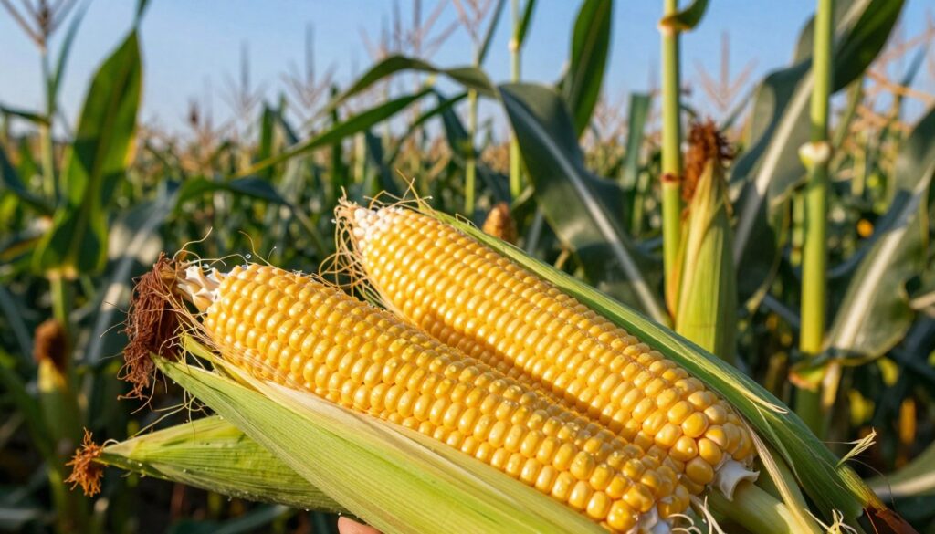 A close-up view of fresh, golden corn ears (kolby) resting on green, lush corn plants. The foreground features a vibrant, sunlit corn ear with visible kernels, showcasing ripeness and quality, glistening with dewdrops. In the middle ground, stalks of healthy corn plants rise tall under a clear blue sky, with a warm golden sunlight casting soft shadows. The background reveals a vast cornfield stretching towards the horizon, hinting at the peak harvest season. The overall atmosphere conveys a sense of abundance and freshness, ideal for illustrating the best signs of corn quality both in the field and post-harvest. The image captures the essence of late summer, inviting the viewer into a bountiful agricultural scene. A close-up view of fresh, golden corn ears (kolby) resting on green, lush corn plants. The foreground features a vibrant, sunlit corn ear with visible kernels, showcasing ripeness and quality, glistening with dewdrops. In the middle ground, stalks of healthy corn plants rise tall under a clear blue sky, with a warm golden sunlight casting soft shadows. The background reveals a vast cornfield stretching towards the horizon, hinting at the peak harvest season. The overall atmosphere conveys a sense of abundance and freshness, ideal for illustrating the best signs of corn quality both in the field and post-harvest. The image captures the essence of late summer, inviting the viewer into a bountiful agricultural scene.
