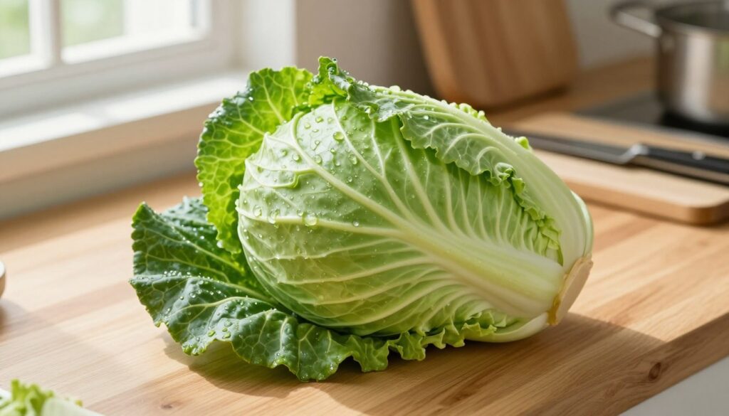 A close-up view of fresh green cabbage on a wooden kitchen countertop. The foreground features a vibrant, young cabbage, its leaves glistening with dew drops, showcasing the freshness and healthiness of the vegetable. In the middle background, there are a few cooking utensils like a cutting board and a knife, hinting at preparation for a meal. Soft, natural lighting filters in from a nearby window, casting gentle shadows that enhance the textures of the cabbage leaves. The overall atmosphere is bright and fresh, evoking a sense of health and wellness. This setting encourages the viewer to contemplate the nutritional aspects of cabbage amid a serene kitchen ambience. A close-up view of fresh green cabbage on a wooden kitchen countertop. The foreground features a vibrant, young cabbage, its leaves glistening with dew drops, showcasing the freshness and healthiness of the vegetable. In the middle background, there are a few cooking utensils like a cutting board and a knife, hinting at preparation for a meal. Soft, natural lighting filters in from a nearby window, casting gentle shadows that enhance the textures of the cabbage leaves. The overall atmosphere is bright and fresh, evoking a sense of health and wellness. This setting encourages the viewer to contemplate the nutritional aspects of cabbage amid a serene kitchen ambience.