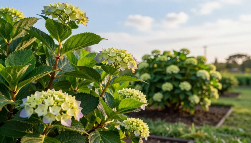A close-up view of freshly pruned hydrangea plants in a lush garden, highlighting the vibrant green leaves with some cut stems and faded flower remnants. The foreground features a few delicate hydrangea blooms, showcasing their intricate petal structure, while the middle ground presents a well-maintained garden bed with pruned hydrangea bushes that are ready to thrive again. In the background, soft focus reveals a sunny blue sky with wispy clouds, creating a serene atmosphere. The lighting is warm and inviting, reminiscent of a sunny afternoon, enhancing the colors of the plants. The angle captures the essence of rejuvenation and care, suggesting that the plants will flourish soon. A close-up view of freshly pruned hydrangea plants in a lush garden, highlighting the vibrant green leaves with some cut stems and faded flower remnants. The foreground features a few delicate hydrangea blooms, showcasing their intricate petal structure, while the middle ground presents a well-maintained garden bed with pruned hydrangea bushes that are ready to thrive again. In the background, soft focus reveals a sunny blue sky with wispy clouds, creating a serene atmosphere. The lighting is warm and inviting, reminiscent of a sunny afternoon, enhancing the colors of the plants. The angle captures the essence of rejuvenation and care, suggesting that the plants will flourish soon.