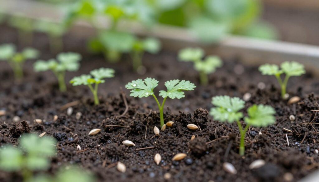 A close-up view of freshly sown parsley seeds nestled in rich, dark soil, symbolizing the theme of accelerated germination. The foreground showcases the seeds scattered evenly, with delicate moisture droplets glistening on the surface. In the middle ground, small green shoots delicately emerging from the soil, illustrating the early stages of sprouting, with vibrant, healthy leaves. The background features soft-focus garden elements, such as gently blurred seedlings of other companion plants, enhancing the idea of good plant coexistence. The scene is illuminated by soft, natural daylight, filtering through leaves, creating an inviting, tranquil atmosphere to emphasize growth and nurturing. Use a macro lens perspective to capture intricate details and textures. A close-up view of freshly sown parsley seeds nestled in rich, dark soil, symbolizing the theme of accelerated germination. The foreground showcases the seeds scattered evenly, with delicate moisture droplets glistening on the surface. In the middle ground, small green shoots delicately emerging from the soil, illustrating the early stages of sprouting, with vibrant, healthy leaves. The background features soft-focus garden elements, such as gently blurred seedlings of other companion plants, enhancing the idea of good plant coexistence. The scene is illuminated by soft, natural daylight, filtering through leaves, creating an inviting, tranquil atmosphere to emphasize growth and nurturing. Use a macro lens perspective to capture intricate details and textures.