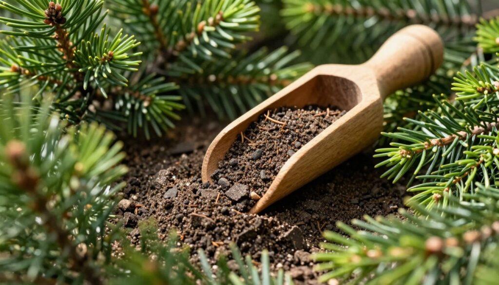 A close-up view of granular multi-component fertilizer specifically for conifers, artfully arranged in a wooden scoop, surrounded by lush, healthy evergreen plants like pines and spruces in the background. The foreground features the rich texture of the dark, granular fertilizer contrasting with the vivid green of the conifer needles. Gentle natural sunlight filters through the foliage, casting soft shadows and creating a warm, inviting atmosphere. The angle is slightly above eye level, focusing on the fertilizer while hinting at the thriving plant life around it, encapsulating the essence of nurturing and care for evergreen plants during the growing season from March to July. A close-up view of granular multi-component fertilizer specifically for conifers, artfully arranged in a wooden scoop, surrounded by lush, healthy evergreen plants like pines and spruces in the background. The foreground features the rich texture of the dark, granular fertilizer contrasting with the vivid green of the conifer needles. Gentle natural sunlight filters through the foliage, casting soft shadows and creating a warm, inviting atmosphere. The angle is slightly above eye level, focusing on the fertilizer while hinting at the thriving plant life around it, encapsulating the essence of nurturing and care for evergreen plants during the growing season from March to July.