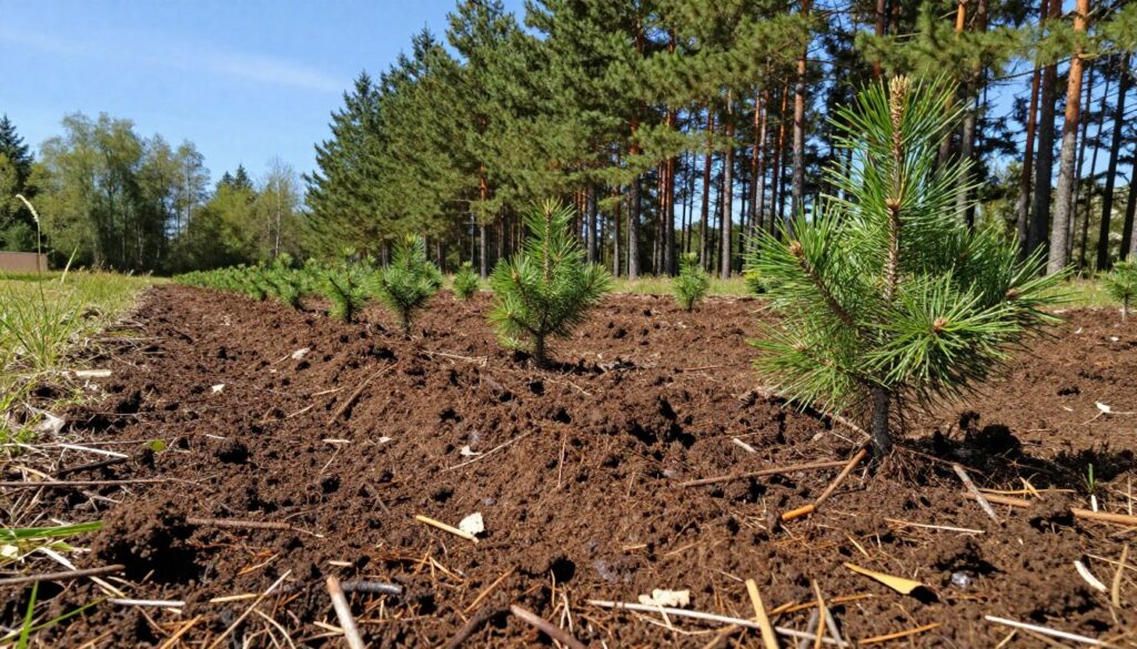 A close-up view of healthy, nutrient-rich soil prepared for planting spruce trees, showcasing vibrant earth tones with patches of dark, loamy soil mixed with organic matter like small twigs and leaves. In the foreground, the soil texture is detailed with visible moisture glistening in soft, diffused sunlight. In the middle ground, tiny saplings of spruce are lined up, ready for planting, their green needles contrasting against the rich brown earth. The background features a serene forest edge with tall, mature spruce trees standing majestically under a clear blue sky. The overall atmosphere is calm and inviting, indicating a hopeful start to the process, with balanced lighting to highlight the texture of the ground and trees. A wide-angle lens captures the depth and expansiveness of the preparation area. A close-up view of healthy, nutrient-rich soil prepared for planting spruce trees, showcasing vibrant earth tones with patches of dark, loamy soil mixed with organic matter like small twigs and leaves. In the foreground, the soil texture is detailed with visible moisture glistening in soft, diffused sunlight. In the middle ground, tiny saplings of spruce are lined up, ready for planting, their green needles contrasting against the rich brown earth. The background features a serene forest edge with tall, mature spruce trees standing majestically under a clear blue sky. The overall atmosphere is calm and inviting, indicating a hopeful start to the process, with balanced lighting to highlight the texture of the ground and trees. A wide-angle lens captures the depth and expansiveness of the preparation area.