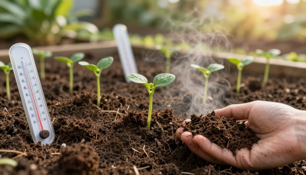 A close-up view of healthy soil displaying various layers, with the focus on temperature measurement indicators such as thermometers or soil thermal probes partially submerged in the rich, dark earth. In the foreground, a handful of soil showcasing its moisture and texture is being examined, while a light mist rises gently, indicating warmth. In the middle ground, small green seedlings of green beans, with their tender leaves just breaking the surface, hint at uniform growth. The background features a blurred garden setting with sunlight filtering through, creating a warm, inviting atmosphere. The image should emphasize the connection between soil temperature and plant health, with soft, natural lighting enhancing the earthy tones and the freshness of the seedlings. No text or labels present. A close-up view of healthy soil displaying various layers, with the focus on temperature measurement indicators such as thermometers or soil thermal probes partially submerged in the rich, dark earth. In the foreground, a handful of soil showcasing its moisture and texture is being examined, while a light mist rises gently, indicating warmth. In the middle ground, small green seedlings of green beans, with their tender leaves just breaking the surface, hint at uniform growth. The background features a blurred garden setting with sunlight filtering through, creating a warm, inviting atmosphere. The image should emphasize the connection between soil temperature and plant health, with soft, natural lighting enhancing the earthy tones and the freshness of the seedlings. No text or labels present.