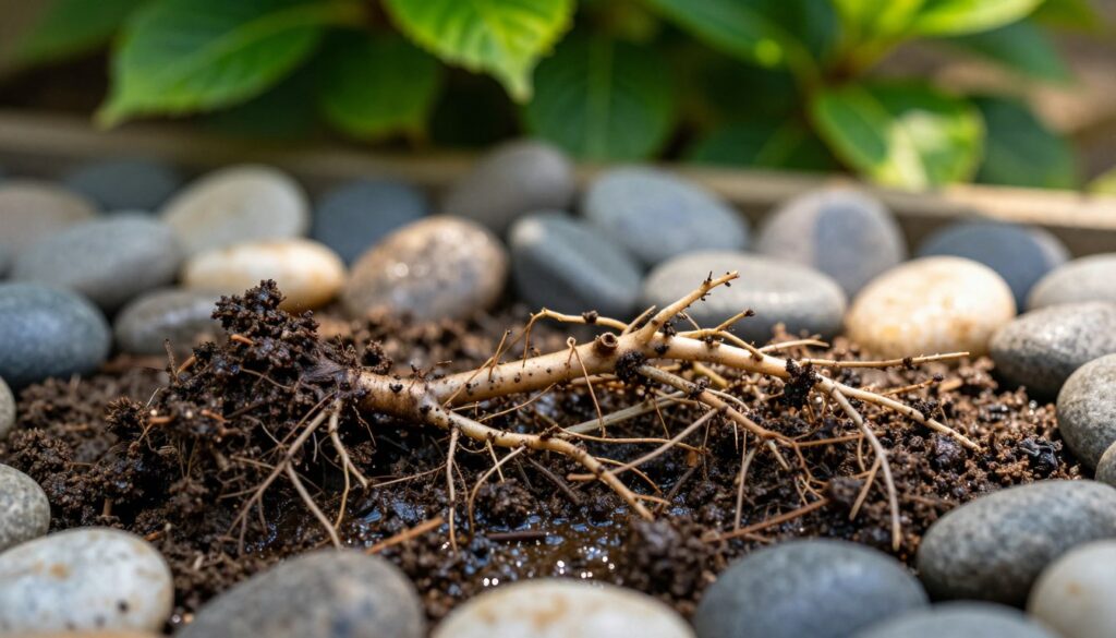 A close-up view of hydrangea roots surrounded by a layer of decorative stones. The foreground features detailed, healthy hydrangea roots with small, moist soil clumps, showcasing the rich ecosystem. The middle ground includes various smooth pebbles in shades of gray and white, partially covering the soil, creating a serene garden atmosphere. The background is softly blurred, hinting at a lush garden environment with vibrant green foliage in diffused daylight. The lighting is warm and inviting, casting gentle shadows and highlighting the moisture on the roots and soil to create a sense of life and vitality. The overall mood is tranquil and natural, emphasizing the balance between stones and root moisture. A close-up view of hydrangea roots surrounded by a layer of decorative stones. The foreground features detailed, healthy hydrangea roots with small, moist soil clumps, showcasing the rich ecosystem. The middle ground includes various smooth pebbles in shades of gray and white, partially covering the soil, creating a serene garden atmosphere. The background is softly blurred, hinting at a lush garden environment with vibrant green foliage in diffused daylight. The lighting is warm and inviting, casting gentle shadows and highlighting the moisture on the roots and soil to create a sense of life and vitality. The overall mood is tranquil and natural, emphasizing the balance between stones and root moisture.