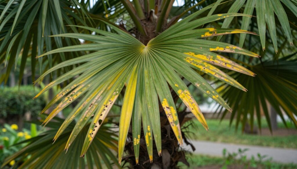 A close-up view of palm tree leaves exhibiting various stages of leaf disease, capturing visible symptoms like yellowing, wilting, and spots. In the foreground, a single, affected leaf with intricate details of its texture and discoloration, highlighting the impacts of disease. In the middle ground, several palm trees with mixed healthy and unhealthy leaves, creating a contrast that emphasizes the issue. In the background, a soft-focus garden setting with natural lighting filtering through the leaves, creating a serene but slightly somber atmosphere. Use a shallow depth of field to keep the focus sharp on the diseased leaves while softly blurring the surroundings, evoking a sense of concern for the health of the palm trees. A close-up view of palm tree leaves exhibiting various stages of leaf disease, capturing visible symptoms like yellowing, wilting, and spots. In the foreground, a single, affected leaf with intricate details of its texture and discoloration, highlighting the impacts of disease. In the middle ground, several palm trees with mixed healthy and unhealthy leaves, creating a contrast that emphasizes the issue. In the background, a soft-focus garden setting with natural lighting filtering through the leaves, creating a serene but slightly somber atmosphere. Use a shallow depth of field to keep the focus sharp on the diseased leaves while softly blurring the surroundings, evoking a sense of concern for the health of the palm trees.