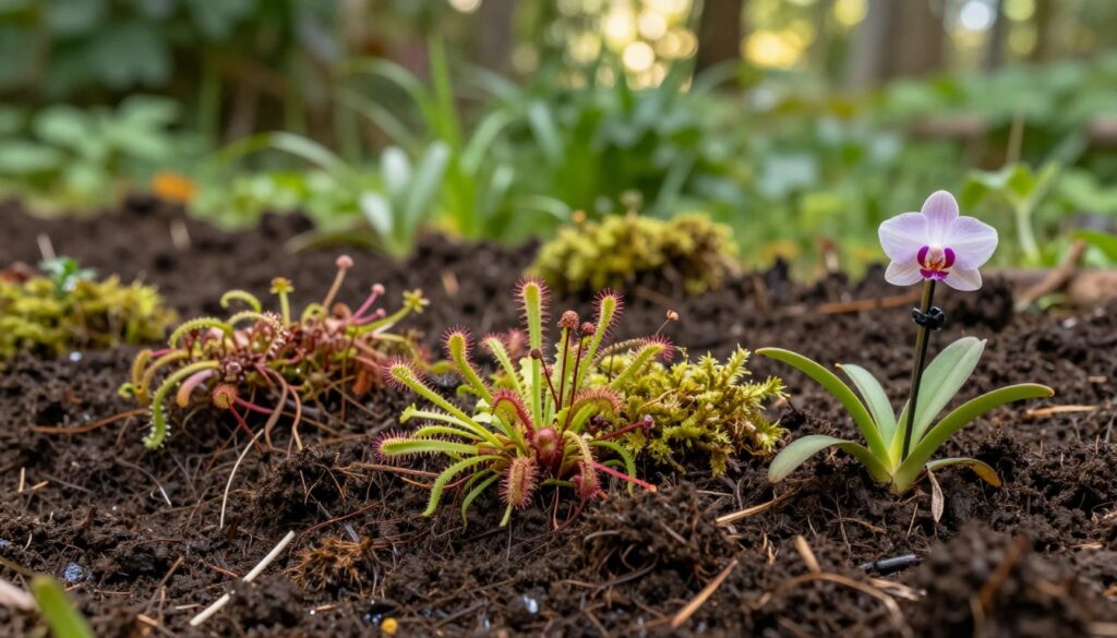 A close-up view of rich, dark, humus-laden peat soil, showcasing its fibrous texture and moisture content. In the foreground, a variety of plants that thrive in peat soil, such as carnivorous sundews, delicate mosses, and vibrant orchids, are nestled in the ground. The middle ground features a carefully arranged plant bed, indicating preparation for future cultivation. In the background, blurred lush green foliage creates a natural habitat atmosphere. Soft, diffused sunlight filters through the trees, casting gentle shadows, enhancing the earthy tones of the peat. The overall mood is serene and vibrant, evoking a sense of nurturing nature and focused gardening, suitable for an article about the preparation of peat soil for cultivation. A close-up view of rich, dark, humus-laden peat soil, showcasing its fibrous texture and moisture content. In the foreground, a variety of plants that thrive in peat soil, such as carnivorous sundews, delicate mosses, and vibrant orchids, are nestled in the ground. The middle ground features a carefully arranged plant bed, indicating preparation for future cultivation. In the background, blurred lush green foliage creates a natural habitat atmosphere. Soft, diffused sunlight filters through the trees, casting gentle shadows, enhancing the earthy tones of the peat. The overall mood is serene and vibrant, evoking a sense of nurturing nature and focused gardening, suitable for an article about the preparation of peat soil for cultivation.