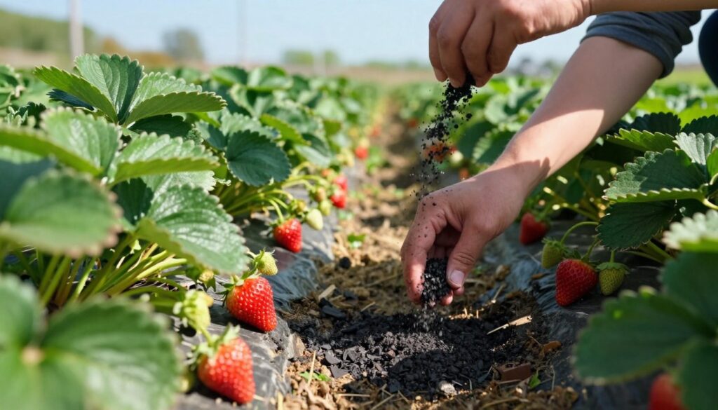 A close-up view of rich, dark wood ash being sprinkled as fertilizer in a lush strawberry garden. The foreground features hands gently spreading the ash over vibrant green strawberry plants, with ripe red strawberries peeking through the foliage. In the middle ground, soft, natural sunlight filters through the leaves, casting leafy shadows over the earth. The background showcases rows of healthy strawberry plants, flourishing under a bright blue sky. The atmosphere is serene and inviting, reflecting a sense of nurturing and sustainability in gardening. This composition captures the essence of using wood ash as a natural fertilizer, blending elements of growth, care, and ecological responsibility. A close-up view of rich, dark wood ash being sprinkled as fertilizer in a lush strawberry garden. The foreground features hands gently spreading the ash over vibrant green strawberry plants, with ripe red strawberries peeking through the foliage. In the middle ground, soft, natural sunlight filters through the leaves, casting leafy shadows over the earth. The background showcases rows of healthy strawberry plants, flourishing under a bright blue sky. The atmosphere is serene and inviting, reflecting a sense of nurturing and sustainability in gardening. This composition captures the essence of using wood ash as a natural fertilizer, blending elements of growth, care, and ecological responsibility.