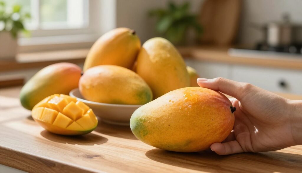 A close-up view of ripe mangoes resting on a wooden kitchen countertop, showcasing their vibrant orange-yellow skin speckled with hints of green. The foreground features a hand gently holding a mango, feeling its softness to check for ripeness. In the middle, a small bowl filled with several varied-sized mangoes suggests different stages of ripeness, arranged aesthetically. The background is softly blurred, revealing an abundance of fresh kitchen herbs and a warm, natural light streaming through a window, casting gentle shadows. The atmosphere is warm and inviting, emphasizing the cozy feeling of home and the anticipation of enjoying perfectly ripened mangoes.
