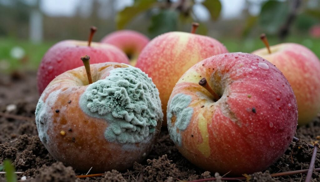 A close-up view of rotten apples showcasing signs of fungal infection, with a focus on the fuzzy, green mold growing on their surfaces. The foreground features two decayed apples, one partially buried in earthy soil and the other lying beside it, showcasing their vibrant red skin contrasting against the mold. In the middle ground, a blurred cluster of healthy, intact apples can be seen, emphasizing the difference. The background is a soft-focus backdrop of a garden setting with overcast natural light filtering through leaves, creating a slightly damp, somber atmosphere. Use a macro lens to capture the intricate details of the fungal growth, highlighting the textures and colors, evoking a sense of both decay and natural processes at work. A close-up view of rotten apples showcasing signs of fungal infection, with a focus on the fuzzy, green mold growing on their surfaces. The foreground features two decayed apples, one partially buried in earthy soil and the other lying beside it, showcasing their vibrant red skin contrasting against the mold. In the middle ground, a blurred cluster of healthy, intact apples can be seen, emphasizing the difference. The background is a soft-focus backdrop of a garden setting with overcast natural light filtering through leaves, creating a slightly damp, somber atmosphere. Use a macro lens to capture the intricate details of the fungal growth, highlighting the textures and colors, evoking a sense of both decay and natural processes at work.