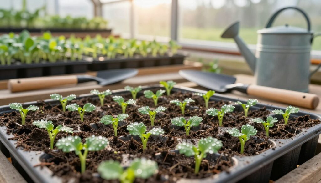 A close-up view of seed trays filled with freshly sown celery seeds, showcasing delicate seedlings just beginning to sprout. In the foreground, focus on the tiny green shoots with their tender leaves, glistening with morning dew. The middle ground features a well-organized planting table with gardening tools like trowels and watering cans neatly arranged. Behind this, a sunlit greenhouse bathed in warm, natural light, with shelves lined with numerous trays of various seedlings. The atmosphere is vibrant and nurturing, evoking a sense of growth and care in a garden environment. The composition is well-balanced, with soft, diffused lighting to enhance the lively color palette of greens and earthy tones.