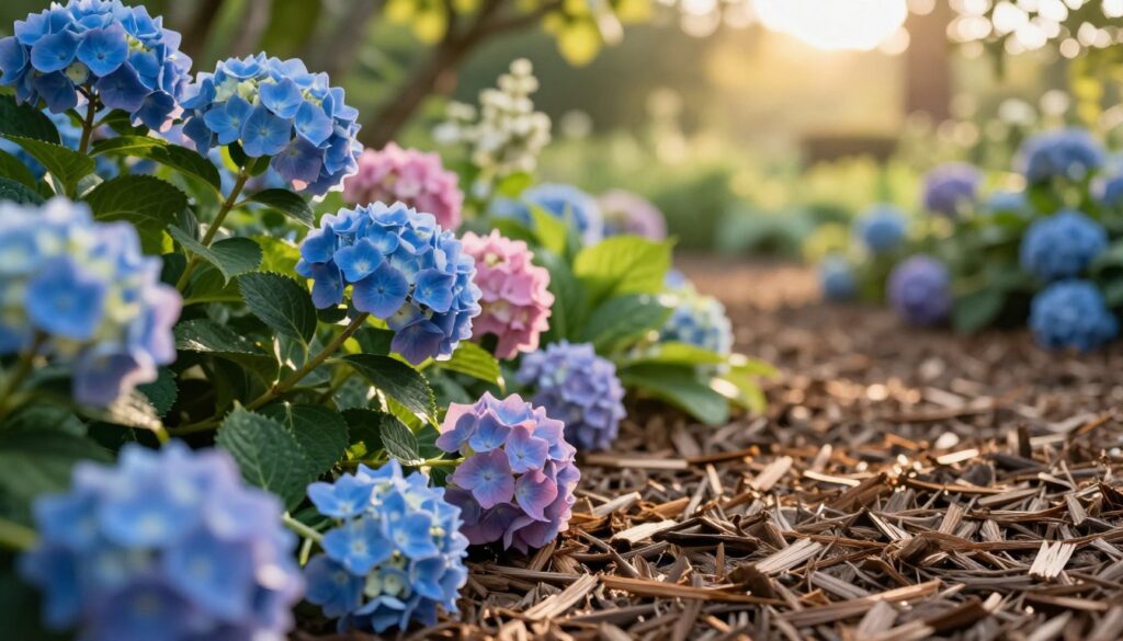 A close-up view of vibrant blue and pink hydrangeas, their large, rounded flower heads bursting with lush petals, creating a rich tapestry of color. In the foreground, finely textured mulch layers surround the base of the flowers, showcasing the importance of mulching in preserving moisture. The middle ground features a gently undulating garden bed filled with green, healthy foliage, emphasizing the connection between mulching and improved soil conditions. In the background, a soft-focus view of a sunny garden landscape enhances the serene atmosphere, with dappled sunlight filtering through leaves. The lighting is warm and inviting, reminiscent of a late afternoon. Use a shallow depth of field to create a dreamy backdrop, focusing sharply on the flowers and mulch to illustrate their significance to moisture retention and root health. A close-up view of vibrant blue and pink hydrangeas, their large, rounded flower heads bursting with lush petals, creating a rich tapestry of color. In the foreground, finely textured mulch layers surround the base of the flowers, showcasing the importance of mulching in preserving moisture. The middle ground features a gently undulating garden bed filled with green, healthy foliage, emphasizing the connection between mulching and improved soil conditions. In the background, a soft-focus view of a sunny garden landscape enhances the serene atmosphere, with dappled sunlight filtering through leaves. The lighting is warm and inviting, reminiscent of a late afternoon. Use a shallow depth of field to create a dreamy backdrop, focusing sharply on the flowers and mulch to illustrate their significance to moisture retention and root health.