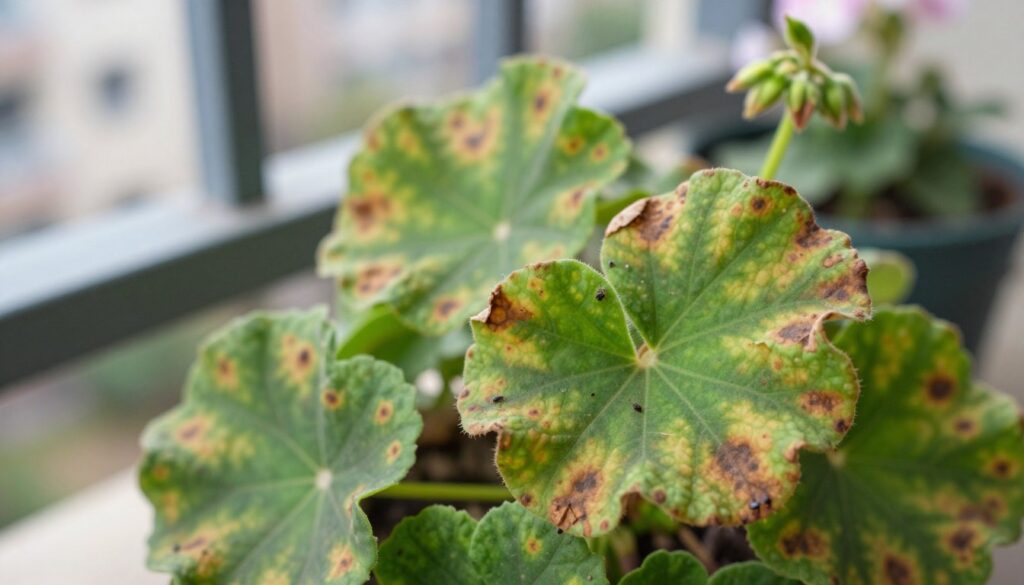 A close-up view of vibrant geranium leaves showing visible damage and discoloration. In the foreground, showcase several leaves with brown spots and curled edges to represent common issues faced after exposure to cold weather. The middle section should include a few fallen leaves and a soft, slightly blurred focus on small pests like aphids or spider mites, emphasizing their presence. In the background, out-of-focus balcony railings and gently blurred flowers create an urban setting. Use soft, natural lighting to enhance the texture and color variations of the leaves, capturing a serene yet concerning atmosphere. The composition should have a shallow depth of field, highlighting the intricacies of the damaged leaves while maintaining a calm, educational tone.