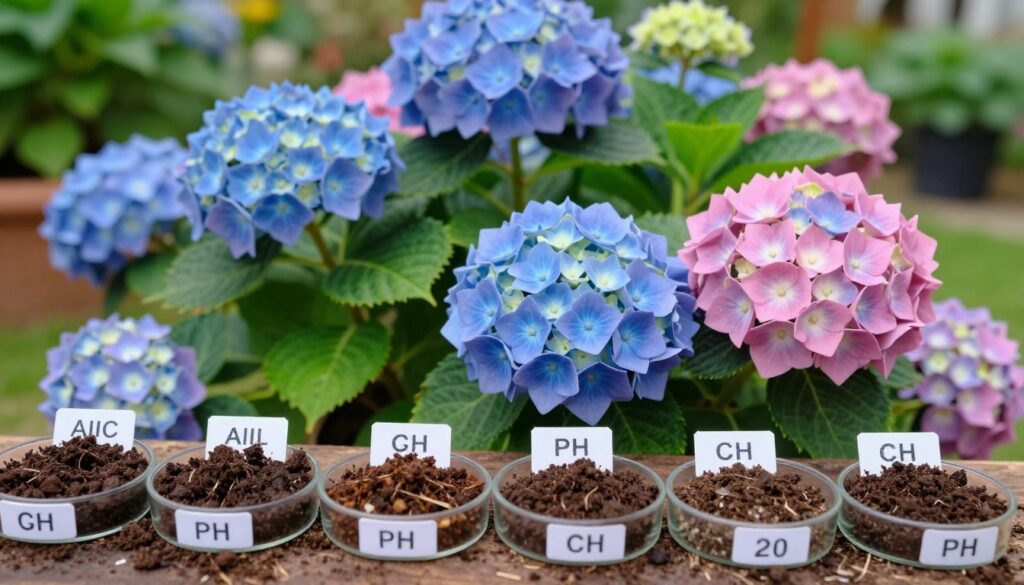 A close-up view of vibrant hydrangea flowers in various shades of blue and pink, illustrating the impact of soil pH on their coloration. In the foreground, detailed soil samples are displayed in petri dishes, labeled with pH levels ranging from acidic to alkaline. The middle ground features lush green foliage surrounding the flowers, enhancing visual depth. The background includes a blurred garden setting, suggesting a healthy growing environment. Soft, natural lighting highlights the petals’ texture and the soil’s richness, creating a warm atmosphere that evokes growth and vitality. The composition is captured from a slightly elevated angle, focusing on the intricate relationship between soil quality and flower color. A close-up view of vibrant hydrangea flowers in various shades of blue and pink, illustrating the impact of soil pH on their coloration. In the foreground, detailed soil samples are displayed in petri dishes, labeled with pH levels ranging from acidic to alkaline. The middle ground features lush green foliage surrounding the flowers, enhancing visual depth. The background includes a blurred garden setting, suggesting a healthy growing environment. Soft, natural lighting highlights the petals’ texture and the soil’s richness, creating a warm atmosphere that evokes growth and vitality. The composition is captured from a slightly elevated angle, focusing on the intricate relationship between soil quality and flower color.