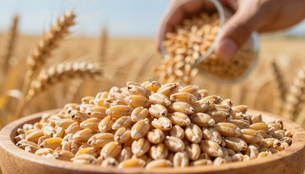 A close-up view of wheat grains showcasing their texture and density, arranged artistically in a wooden bowl. The foreground highlights individual grains with varying shades of golden yellow, reflecting light to emphasize their shape and size. In the middle ground, a soft focus on a farmer's hands gently pouring wheat from a measuring cup, illustrating the measurement of volume and density. The background features a gently blurred field of wheat under a clear blue sky, suggesting a bountiful harvest and connection to agriculture. Natural lighting casts warm hues, creating a tranquil and informative atmosphere, ideal for an educational article. A close-up view of wheat grains showcasing their texture and density, arranged artistically in a wooden bowl. The foreground highlights individual grains with varying shades of golden yellow, reflecting light to emphasize their shape and size. In the middle ground, a soft focus on a farmer's hands gently pouring wheat from a measuring cup, illustrating the measurement of volume and density. The background features a gently blurred field of wheat under a clear blue sky, suggesting a bountiful harvest and connection to agriculture. Natural lighting casts warm hues, creating a tranquil and informative atmosphere, ideal for an educational article.