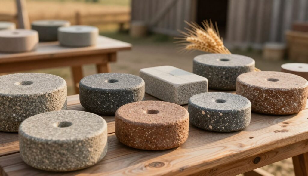 A collection of grinding stones, known as "kamienie do mielenia," displayed prominently in the foreground, showcasing various shapes of their grinding surfaces. Each stone features distinct textures, from smooth to rough, with a variety of natural colors such as earthy browns, grays, and speckled patterns. In the middle ground, include a rustic wooden table with subtle grain details, enhancing the artisanal feel. In the background, softly blurred, include a few farm-themed elements like wheat sheaves or a barn to suggest a connection to grain milling. The scene is illuminated by warm, soft lighting, reminiscent of late afternoon sun, casting gentle shadows and giving a cozy, inviting atmosphere. The perspective should be slightly elevated, capturing the stones from a dynamic angle for added depth.