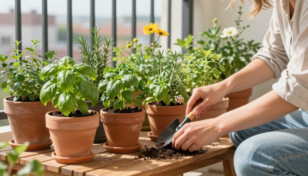 A cozy balcony garden scene in bright, natural daylight, featuring a variety of herbs such as basil, parsley, and rosemary planted in terracotta pots. In the foreground, a person in modest casual clothing kneels down, planting seeds with a small trowel, showcasing proper planting techniques. The middle ground includes neatly arranged pots on a wooden table, surrounded by lush green leaves and flowers, creating a vibrant and aromatic atmosphere. The background displays a city skyline with soft-focus buildings, hinting at an urban setting. The lighting is warm and inviting, casting gentle shadows and enhancing the rich colors of the herbs. The overall mood is peaceful and engaging, illustrating the joy of cultivating a mini herb garden. A cozy balcony garden scene in bright, natural daylight, featuring a variety of herbs such as basil, parsley, and rosemary planted in terracotta pots. In the foreground, a person in modest casual clothing kneels down, planting seeds with a small trowel, showcasing proper planting techniques. The middle ground includes neatly arranged pots on a wooden table, surrounded by lush green leaves and flowers, creating a vibrant and aromatic atmosphere. The background displays a city skyline with soft-focus buildings, hinting at an urban setting. The lighting is warm and inviting, casting gentle shadows and enhancing the rich colors of the herbs. The overall mood is peaceful and engaging, illustrating the joy of cultivating a mini herb garden.