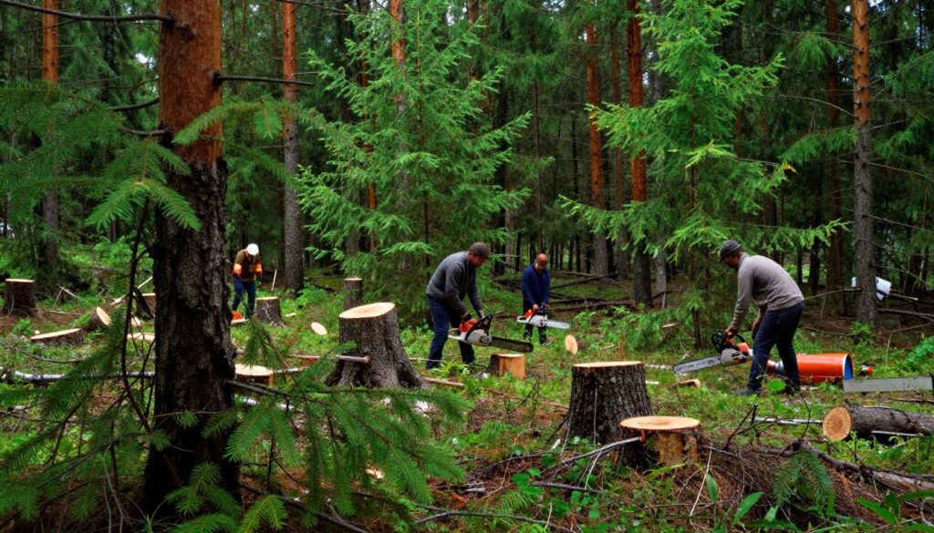 A dense forest scene depicting illegal logging of larch trees, with a focus on the stark contrast between the lush greenery and the freshly cut stumps. In the foreground, show a felled larch tree with its unique needle-like leaves scattered around. The middle ground features workers in professional, modest attire, using chainsaws and equipment, illustrating the act of illegal logging. In the background, maintain a sense of depth with more larch trees standing tall, their vibrant colors emphasizing the untouched nature around. Soft, dappled sunlight filters through the dense canopy, creating a somber and serious atmosphere, highlighting the environmental impact and consequences of unlawful deforestation. The angle should be slightly elevated to capture the entire scene in one frame. A dense forest scene depicting illegal logging of larch trees, with a focus on the stark contrast between the lush greenery and the freshly cut stumps. In the foreground, show a felled larch tree with its unique needle-like leaves scattered around. The middle ground features workers in professional, modest attire, using chainsaws and equipment, illustrating the act of illegal logging. In the background, maintain a sense of depth with more larch trees standing tall, their vibrant colors emphasizing the untouched nature around. Soft, dappled sunlight filters through the dense canopy, creating a somber and serious atmosphere, highlighting the environmental impact and consequences of unlawful deforestation. The angle should be slightly elevated to capture the entire scene in one frame.