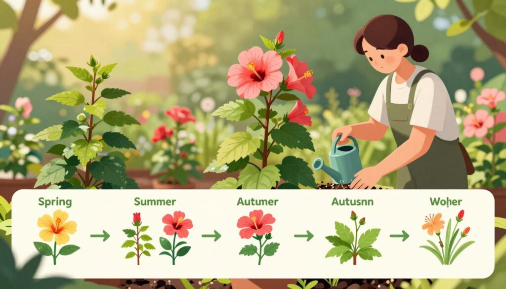 A detailed and artistic illustration of a spring fertilization schedule, prominently featuring vibrant hibiscus plants in various stages of growth. In the foreground, a colorful chart displays seasonal timelines labeled clearly with spring, summer, autumn, and winter, visually represented with flourishing flowers and lush green leaves. The middle ground includes a gardener tending to the hibiscus with a watering can, emphasizing care and maintenance. In the background, a sunlit garden setting creates a warm and inviting atmosphere, with soft bokeh effects to enhance depth. Warm, natural lighting casts gentle shadows, adding dimension. The mood should be cheerful and informative, reflecting the nurturing aspect of plant care. A detailed and artistic illustration of a spring fertilization schedule, prominently featuring vibrant hibiscus plants in various stages of growth. In the foreground, a colorful chart displays seasonal timelines labeled clearly with spring, summer, autumn, and winter, visually represented with flourishing flowers and lush green leaves. The middle ground includes a gardener tending to the hibiscus with a watering can, emphasizing care and maintenance. In the background, a sunlit garden setting creates a warm and inviting atmosphere, with soft bokeh effects to enhance depth. Warm, natural lighting casts gentle shadows, adding dimension. The mood should be cheerful and informative, reflecting the nurturing aspect of plant care.