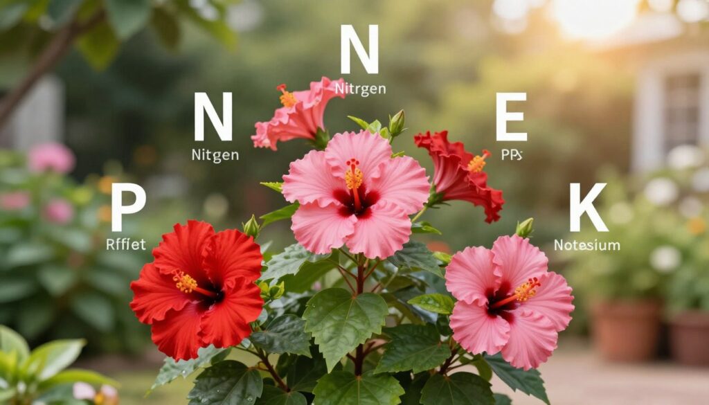 A detailed and informative illustration of a hibiscus plant surrounded by visual representations of NPK ratios, with vibrant flowers in shades of red and pink. In the foreground, a clear depiction of the hibiscus leaves, showcasing lush green foliage. In the middle ground, labeled NPK nutrient symbols (N for Nitrogen, P for Phosphorus, K for Potassium) arranged creatively around the plant to highlight their proportions—emphasizing the importance of each nutrient for the plant's growth. The background features a softly blurred garden setting with warm, natural sunlight filtering through, creating an inviting atmosphere. The image should have a focus on clarity and education, free of text or overlays to maintain a professional aesthetic. A detailed and informative illustration of a hibiscus plant surrounded by visual representations of NPK ratios, with vibrant flowers in shades of red and pink. In the foreground, a clear depiction of the hibiscus leaves, showcasing lush green foliage. In the middle ground, labeled NPK nutrient symbols (N for Nitrogen, P for Phosphorus, K for Potassium) arranged creatively around the plant to highlight their proportions—emphasizing the importance of each nutrient for the plant's growth. The background features a softly blurred garden setting with warm, natural sunlight filtering through, creating an inviting atmosphere. The image should have a focus on clarity and education, free of text or overlays to maintain a professional aesthetic.