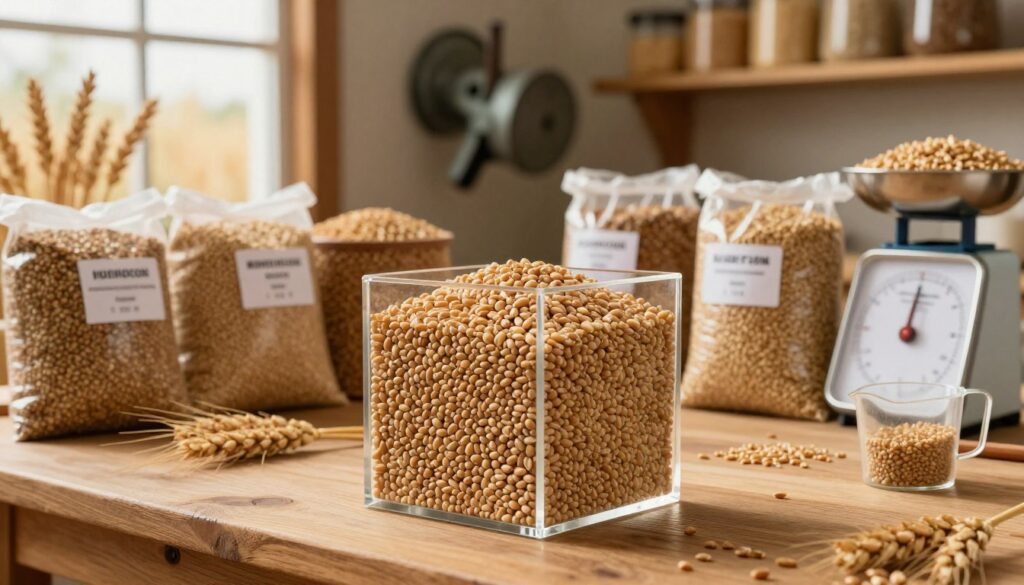 A detailed and informative scene illustrating a cubic meter of various grains, prominently featuring wheat and barley, in a well-lit, agricultural setting. In the foreground, a clear acrylic cube filled with golden wheat grains, showcasing the texture and color variations, sits on a wooden table. The middle ground displays bags of different grains labeled clearly for easy identification, and measuring tools like a scale and measuring cup scattered around. In the background, soft afternoon light filters through a window, illuminating rustic farm equipment and shelves lined with grain samples, adding a warm, inviting atmosphere. The overall mood conveys professionalism and an educational aspect, suitable for an informative article on agricultural metrics.