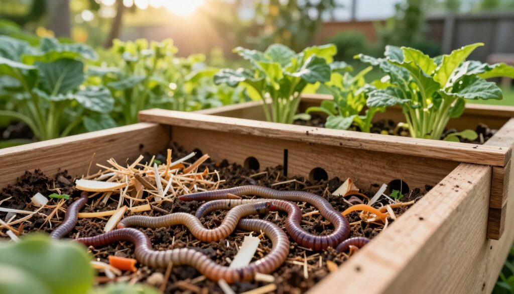 A detailed and vibrant depiction of a compost bin designed for worm farming, showcasing optimal conditions for breeding earthworms. In the foreground, several healthy, wriggling earthworms, rich in color, are visible among organic matter like shredded cardboard and kitchen scraps. The middle layer features a well-structured compost bin made of wood, with ventilation holes and a moisture gauge. Surrounding the bin, lush green plants thrive, suggesting the benefits of using biohumus. In the background, soft sunlight filters through a garden, illuminating the scene with a warm glow, creating a serene and productive atmosphere. The focus is sharp on the worms and compost, with a slightly blurred garden in the background to convey depth. The mood is natural, encouraging, and thriving, showcasing the benefits of worm farming for plant growth.