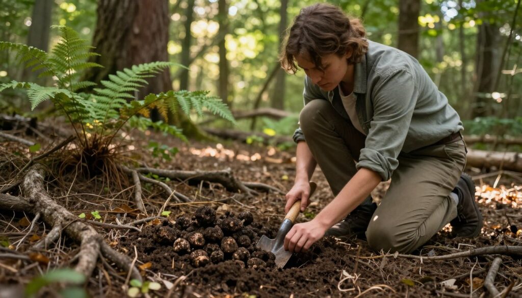 A detailed and vibrant scene depicting a person searching for truffles in a lush forest setting. In the foreground, a focused figure dressed in modest, casual clothing, kneeling on the ground, using a small spade to carefully dig into the rich, dark soil. The middle ground features a scattering of tree roots and some wild ferns, hinting at the ideal habitat for truffles. In the background, tall trees filter warm, dappled sunlight, creating a serene atmosphere with soft green hues and shadows. The overall mood is one of adventure and discovery, capturing the essence of foraging for truffles in the wild, with a sense of tranquility and connection to nature.