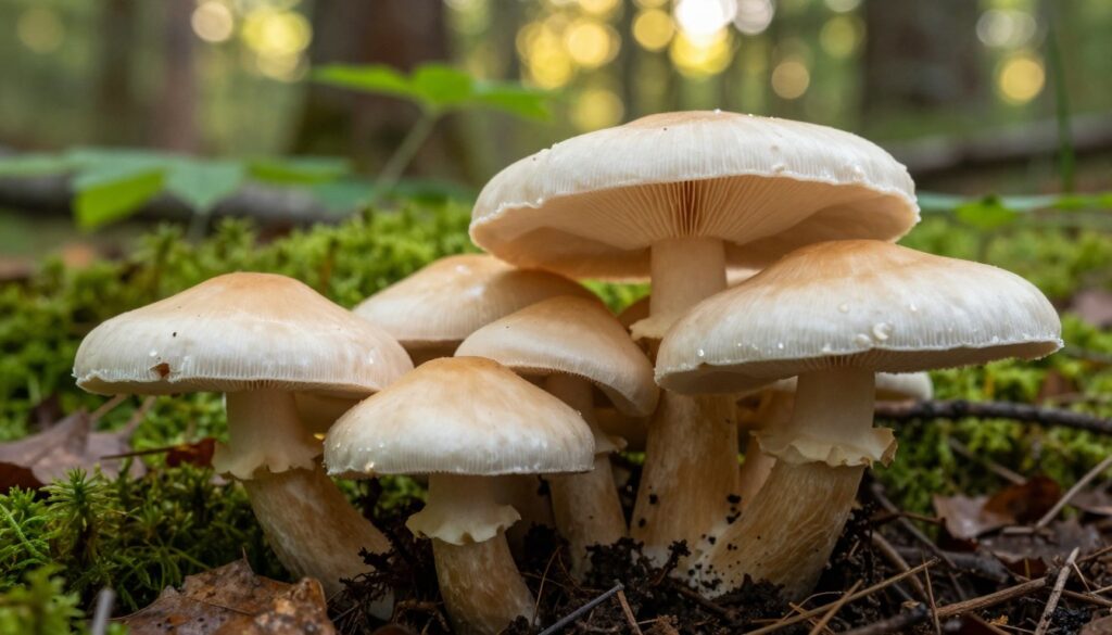 A detailed close-up image of "mleczko" mushrooms, showcasing their unique features, such as the creamy, pale coloration and the distinct, soft texture of the caps. In the foreground, focus on several fresh mleczko mushrooms, some partially buried in the rich, dark soil with bits of moss and fallen leaves around them. The middle ground should feature a variety of forest plants, creating a lush, natural habitat, while the background displays blurred trees, hinting at a dense woodland environment. The scene is bathed in warm, filtered sunlight, creating a serene and inviting atmosphere. Capture this moment with a shallow depth of field, emphasizing the mushrooms and creating a dreamy, soft focus effect on the surrounding foliage. A detailed close-up image of "mleczko" mushrooms, showcasing their unique features, such as the creamy, pale coloration and the distinct, soft texture of the caps. In the foreground, focus on several fresh mleczko mushrooms, some partially buried in the rich, dark soil with bits of moss and fallen leaves around them. The middle ground should feature a variety of forest plants, creating a lush, natural habitat, while the background displays blurred trees, hinting at a dense woodland environment. The scene is bathed in warm, filtered sunlight, creating a serene and inviting atmosphere. Capture this moment with a shallow depth of field, emphasizing the mushrooms and creating a dreamy, soft focus effect on the surrounding foliage.