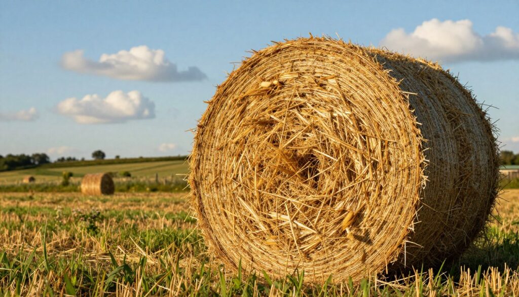 A detailed close-up of a hay bale, showcasing its textured straw exterior with golden hues reflecting sunlight. The foreground features the bale prominently, illustrating the intricate patterns of the tightly packed straw. In the middle ground, softly blurred rolling fields of grass enhance the agricultural atmosphere, with patches of wildflowers adding color. The background contains a serene blue sky dotted with a few white, fluffy clouds, suggesting a warm, sunny day. The lighting is natural and warm, emphasizing the texture of the straw and the vibrant greens of the grass. Capture this scene from a slightly low angle to convey a sense of presence and scale, evoking a tranquil rural vibe that illustrates traditional farming practices.
