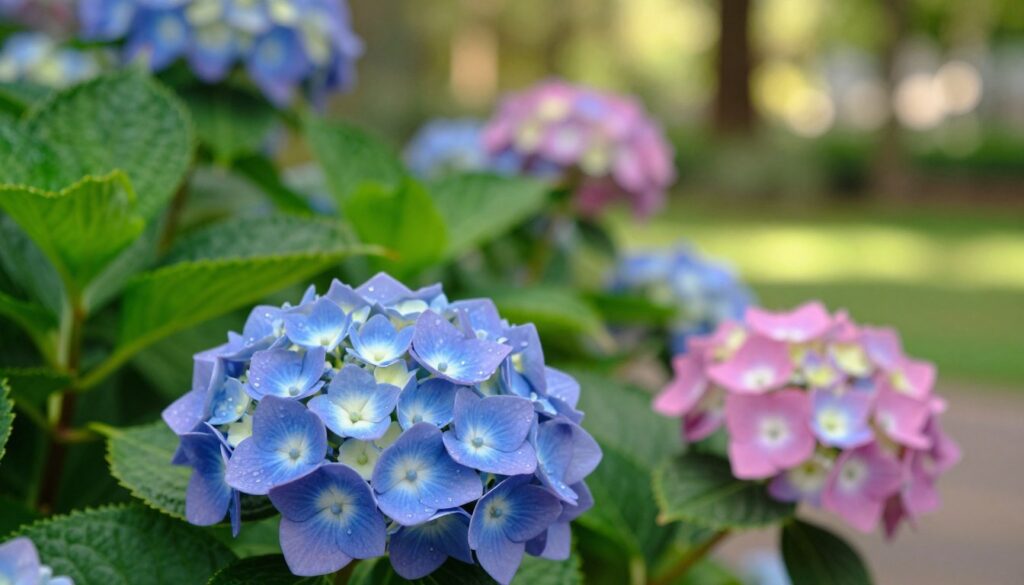 A detailed close-up of a vibrant hydrangea flower amidst lush green leaves, showcasing the delicate petals with a slight sheen of dew. In the foreground, emphasize the intricate textures of the flower and the contrasting colors of its blue and pink hues. In the middle, softly blurred leaves provide a natural frame, while the background features a subtle garden setting with dappled sunlight filtering through trees, creating a serene atmosphere. The lighting should be soft and warm, suggesting a calm morning. Capture the essence of beauty intertwined with the cautionary nature of the plant, highlighting its toxicity without directly representing harmful elements. The image should evoke a sense of wonder mixed with an awareness of nature's complexities.