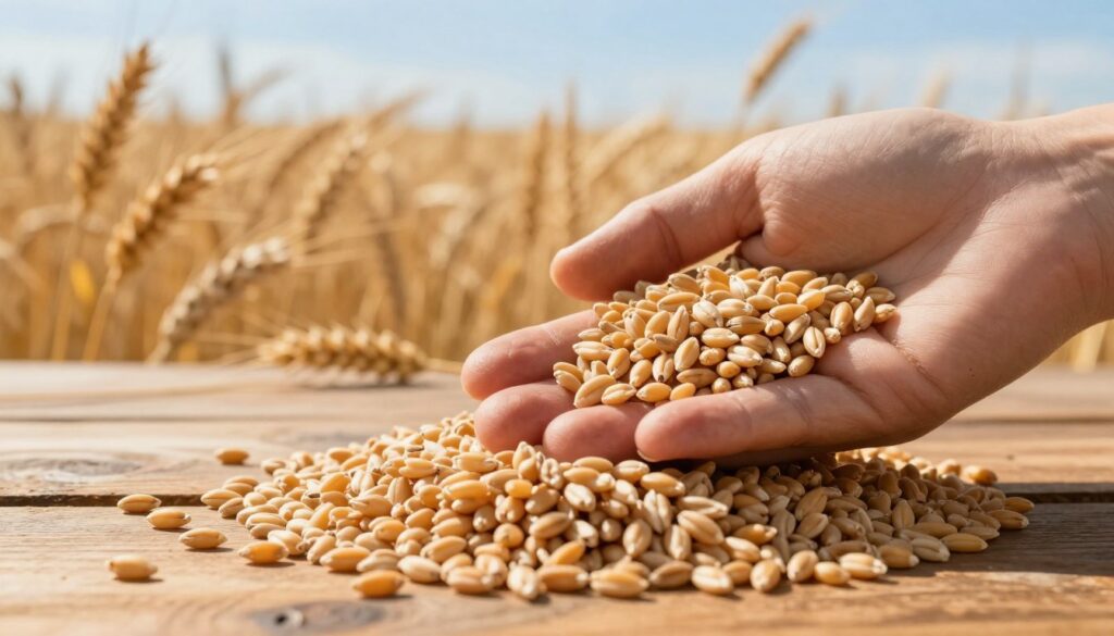 A detailed close-up of golden wheat grains spilling from an open hand onto a rustic wooden table, capturing the texture and color of the grains. In the background, a soft-focus expansive wheat field under a bright blue sky, with gentle sunlight illuminating the scene, creating a warm and inviting atmosphere. The grains are portrayed in sharp detail, showcasing their unique shapes and shades, while the hand is depicted in a natural, relaxed position, suggesting a connection to farming practices. The lighting should create a golden glow highlighting the richness of the wheat, evoking a sense of abundance and the agricultural environment. The overall mood is serene and informative, aiming to educate the viewer about the nuances of wheat's weight in practical applications. A detailed close-up of golden wheat grains spilling from an open hand onto a rustic wooden table, capturing the texture and color of the grains. In the background, a soft-focus expansive wheat field under a bright blue sky, with gentle sunlight illuminating the scene, creating a warm and inviting atmosphere. The grains are portrayed in sharp detail, showcasing their unique shapes and shades, while the hand is depicted in a natural, relaxed position, suggesting a connection to farming practices. The lighting should create a golden glow highlighting the richness of the wheat, evoking a sense of abundance and the agricultural environment. The overall mood is serene and informative, aiming to educate the viewer about the nuances of wheat's weight in practical applications.