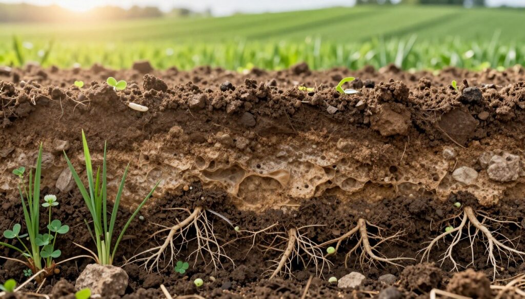 A detailed cross-section of soil, illustrating the structure and layers of class V soil, with rich brown and dark earthy tones. In the foreground, visible roots of various plants, such as clover and barley, are interwoven with healthy soil microbes amid small rocks. The middle ground displays several soil layers, clearly defined, with textures from sandy to clay-rich sections, highlighting the contrasting colors and moisture levels. In the background, a lush green field gently slopes under warm sunlight, with the sun's rays creating a soft glow, casting gentle shadows. The atmosphere is calm and inviting, presenting a sense of resilience and fertility in this soil environment, ideal for crop cultivation. The image should be bright, well-lit, and focused with a shallow depth of field to emphasize the soil structure layers.
