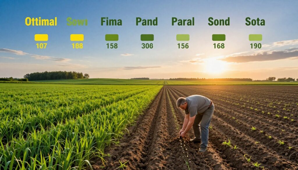 A detailed illustration of a field in Poland during planting season, showcasing the optimal sowing dates for winter and spring crops. In the foreground, a farmer in modest casual clothing diligently plants seeds in neat rows, emphasizing the importance of timing in agriculture. The middle ground features lush green fields segmented into different crop types, each labeled with varying shades of yellow and green to indicate sowing timelines. In the background, a vibrant sunrise casts warm light over the landscape, enhancing the calm and hopeful mood of the farming season. The scene captures the essence of rural life in Poland, with rolling hills and a clear blue sky, all rendered in a photorealistic style.