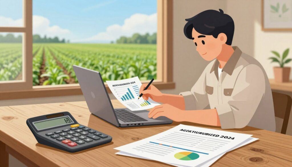 A detailed illustration of agricultural subsidy rates for fertilizers in 2024, depicted in an informative and visually engaging manner. In the foreground, a calculator and financial documents lay on a rustic wooden desk, symbolizing the calculation of subsidy rates. In the middle ground, a farmer in a neat farming outfit is analyzing charts and graphs on a laptop, with a focused expression. In the background, a lush green field stretches, showcasing rows of crops under a clear blue sky, suggesting prosperity and growth. Warm, natural lighting filters through a nearby window, casting a soft glow on the scene, enhancing the mood of optimism and support in rural agriculture. The composition should be organized and professional, avoiding clutter, while having a serene and encouraging atmosphere.