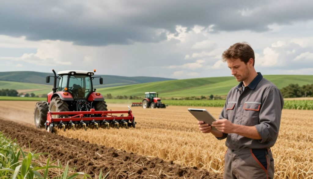 A detailed illustration of the cost dependencies in grain sowing. In the foreground, a farmer in professional work attire thoughtfully examines a tablet while standing beside a freshly plowed field, showcasing the technical aspects of sowing. In the middle ground, depict farm machinery, such as seeders and tractors, working in the lush green field. In the background, include a gradient of rolling hills with a cloudy sky that suggests an impending rain to evoke the agricultural atmosphere. Soft, diffused natural sunlight enhances the scene, while a balanced composition invites the viewer to explore the relationship between cost factors and grain sowing, all portrayed with a realistic style to emphasize the professionalism and significance of agricultural economics. A detailed illustration of the cost dependencies in grain sowing. In the foreground, a farmer in professional work attire thoughtfully examines a tablet while standing beside a freshly plowed field, showcasing the technical aspects of sowing. In the middle ground, depict farm machinery, such as seeders and tractors, working in the lush green field. In the background, include a gradient of rolling hills with a cloudy sky that suggests an impending rain to evoke the agricultural atmosphere. Soft, diffused natural sunlight enhances the scene, while a balanced composition invites the viewer to explore the relationship between cost factors and grain sowing, all portrayed with a realistic style to emphasize the professionalism and significance of agricultural economics.