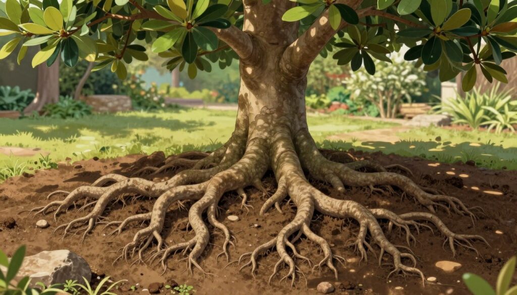 A detailed illustration of the root system of a magnolia tree, showcasing the intricate, sprawling roots in rich brown and earthy tones. The foreground features the magnolia roots emerging from the soil, highlighting their texture and complexity, intertwined with small rocks and soil clumps. In the middle ground, visible parts of the magnolia trunk rise upwards, adorned with healthy, glossy green leaves that suggest a thriving plant. The background includes a softly blurred garden setting, with dappled sunlight filtering through other trees, casting gentle shadows on the scene. The overall mood is serene and educational, aimed at emphasizing the importance of proper root health in relation to the tree's foliage retention.