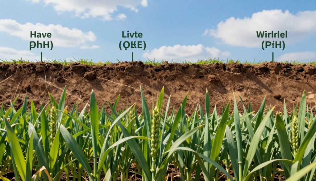 A detailed illustration of various types of soil requirements for winter cereal crops, focusing on key factors like soil texture and pH levels. In the foreground, a lush field of winter wheat, showcasing healthy plants with rich green leaves. The middle ground features a cross-section of the soil, displaying different layers with texture variations and earthy tones, illustrating ideal conditions for growth. In the background, a clear blue sky with soft clouds suggesting a sunny day, conveying a sense of optimism and productivity. Natural sunlight casts gentle shadows, enhancing the textures of both the plants and the soil. The atmosphere is vibrant and educational, perfect for illustrating the essential characteristics of winter grain species. A detailed illustration of various types of soil requirements for winter cereal crops, focusing on key factors like soil texture and pH levels. In the foreground, a lush field of winter wheat, showcasing healthy plants with rich green leaves. The middle ground features a cross-section of the soil, displaying different layers with texture variations and earthy tones, illustrating ideal conditions for growth. In the background, a clear blue sky with soft clouds suggesting a sunny day, conveying a sense of optimism and productivity. Natural sunlight casts gentle shadows, enhancing the textures of both the plants and the soil. The atmosphere is vibrant and educational, perfect for illustrating the essential characteristics of winter grain species.