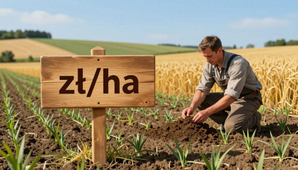 A detailed illustration of 'zł/ha' with a focus on agricultural context. In the foreground, showcase a wooden farm sign displaying "zł/ha" prominently, surrounded by freshly plowed soil and young, green wheat sprouts. In the middle ground, include a farmer in modest work attire, kneeling while examining soil samples. The background should depict a lush Polish landscape with rolling hills, golden fields of grain ready for harvest under a clear blue sky. Use warm, natural lighting to emphasize the serene and productive atmosphere of farming. The scene should evoke a sense of diligence and agricultural prosperity, without any text or distracting elements. A detailed illustration of 'zł/ha' with a focus on agricultural context. In the foreground, showcase a wooden farm sign displaying "zł/ha" prominently, surrounded by freshly plowed soil and young, green wheat sprouts. In the middle ground, include a farmer in modest work attire, kneeling while examining soil samples. The background should depict a lush Polish landscape with rolling hills, golden fields of grain ready for harvest under a clear blue sky. Use warm, natural lighting to emphasize the serene and productive atmosphere of farming. The scene should evoke a sense of diligence and agricultural prosperity, without any text or distracting elements.