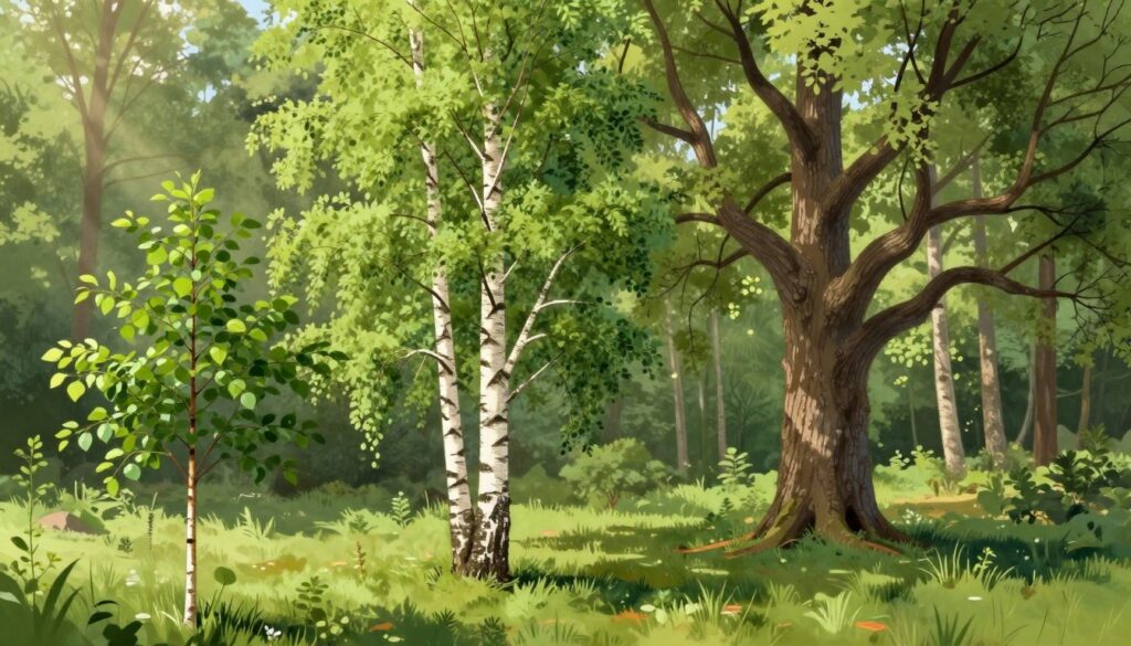 A detailed illustration showcasing the growth stages of a birch tree (Betula) across various seasons, highlighting the tempo of its growth. In the foreground, depict a young birch sapling with vibrant green leaves and a fresh, healthy trunk. In the middle ground, feature a mature birch tree, showcasing its distinctive white bark and a fuller canopy, symbolizing its growth over several years. In the background, place an older birch tree with a wider trunk and expansive branches, surrounded by a lush forest setting. Use soft, natural lighting to create a serene and tranquil atmosphere, with gentle rays of sunlight filtering through the foliage. The angle should provide a clear view of the birch trees from a slight elevation, inviting the viewer to appreciate their majestic growth and beauty throughout different life stages.