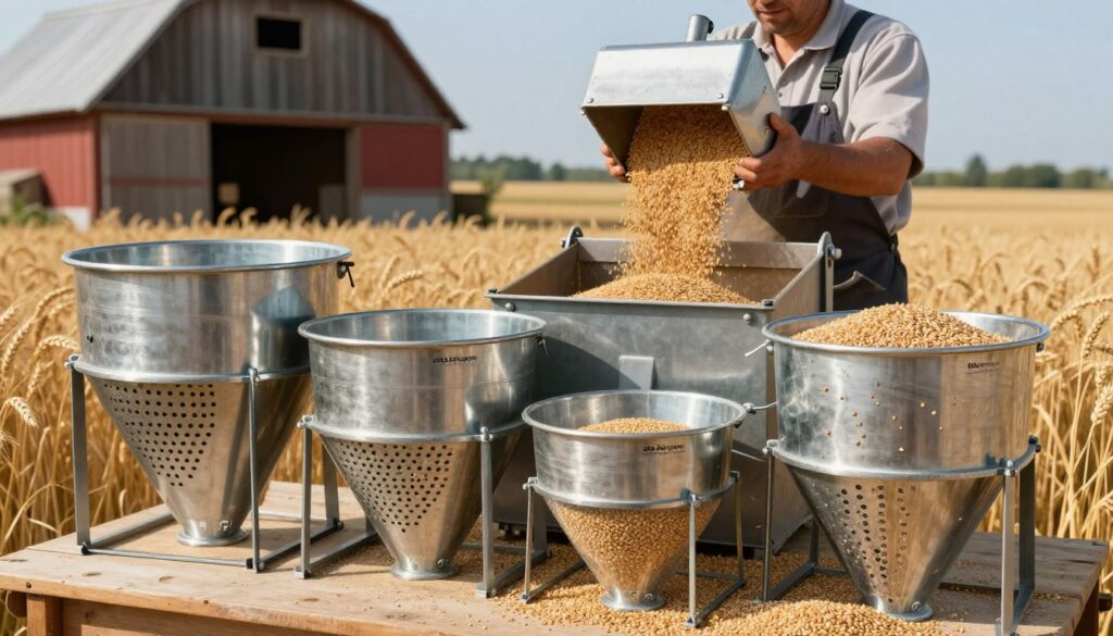 A detailed image of a set of sturdy, metallic "sita żaluzjowe" (slotted sieves) specifically designed for grain cleaning and sorting, prominently displayed in the foreground. The sieves are shown in various sizes and patterns, illustrating their functionality for wheat and grain. In the middle ground, a farmer in professional attire is operating a grain cleaning machine, with grains cascading into the sieves, emphasizing a moment of effective sorting. In the background, a rustic barn with golden fields of wheat under a clear blue sky adds context and warmth to the scene. Soft, natural lighting highlights the textures of the metal and grains, creating a vibrant, industrious atmosphere that conveys precision and efficiency in agricultural practices. A detailed image of a set of sturdy, metallic "sita żaluzjowe" (slotted sieves) specifically designed for grain cleaning and sorting, prominently displayed in the foreground. The sieves are shown in various sizes and patterns, illustrating their functionality for wheat and grain. In the middle ground, a farmer in professional attire is operating a grain cleaning machine, with grains cascading into the sieves, emphasizing a moment of effective sorting. In the background, a rustic barn with golden fields of wheat under a clear blue sky adds context and warmth to the scene. Soft, natural lighting highlights the textures of the metal and grains, creating a vibrant, industrious atmosphere that conveys precision and efficiency in agricultural practices.