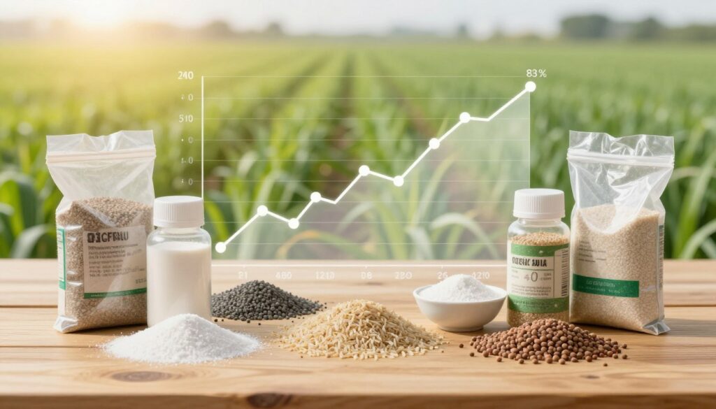 A detailed infographic-style image showcasing mineral fertilizer prices in a market context. In the foreground, prominently feature various types of mineral fertilizers, such as granules and pellets, arranged on a clean wooden table. In the middle, include a transparent or semi-transparent graph displaying fluctuating prices over time, with data points marked clearly. Background elements should include a blurred field of crops, symbolizing agricultural use, with soft, natural daylight filtering through, creating a warm and informative atmosphere. The overall mood should be professional and educational, emphasizing data visualization and market monitoring. The image must be well-composed and devoid of any text or watermarks.