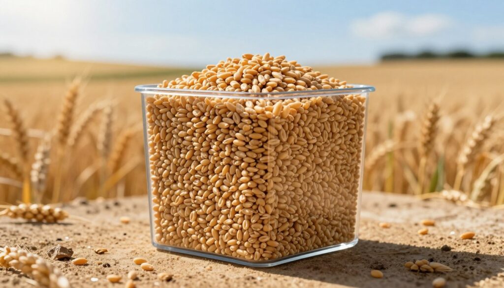 A detailed, realistic representation of a cubic meter of grain, prominently displayed in the foreground. The grain, a mix of golden wheat and rich brown barley, fills a clear cubic container, emphasizing its volume. In the background, a blurred agricultural landscape with gently rolling fields under bright blue skies, sunlight streaming down, creates a warm and inviting atmosphere. Soft shadows fall across the ground, enhancing the three-dimensional quality of the cubic container. The focus is on the precise measurement of volume, showcasing the importance of understanding how to convert volume to mass. The image should evoke a sense of agricultural abundance and clarity, captured with a wide-angle lens to give depth and perspective.