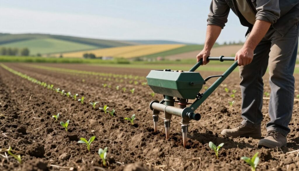 A detailed scene depicting the technique of planting seeds in May, showcasing an agricultural field ready for sowing. In the foreground, a farmer in modest casual clothing uses a modern seed drill, demonstrating the careful process of efficient planting. The farmer focuses on the precision of seed placement, with rows of fresh, moist soil visible. In the middle ground, an expansive field features seedlings emerging from the ground, indicating successful germination. The background shows a vibrant landscape with rolling hills under a clear blue sky, hinting at ideal weather conditions. Soft, warm sunlight bathes the scene, creating a hopeful and productive atmosphere. The image should have a slight depth of field, emphasizing the farmer and planting technique while gently blurring the background.