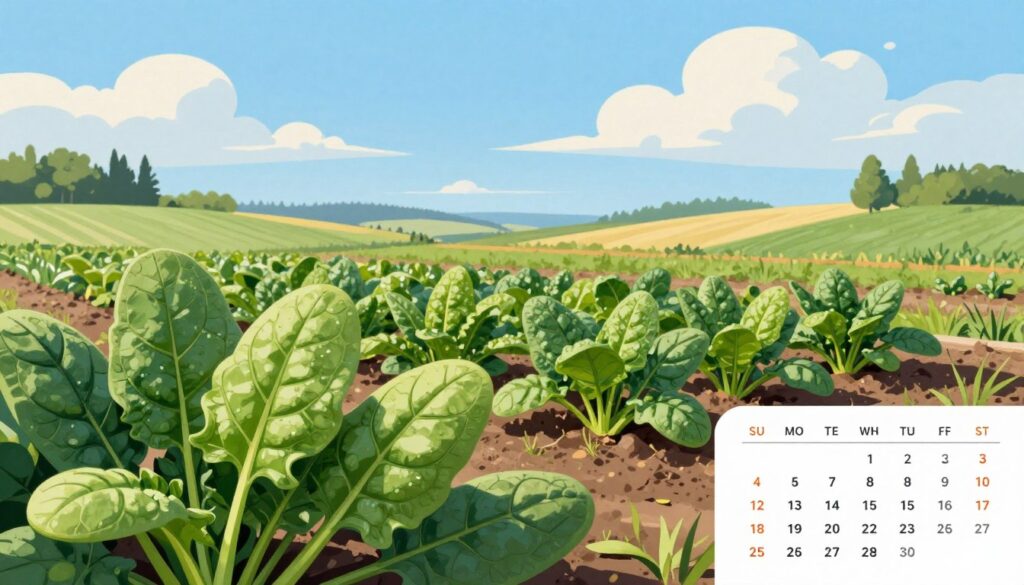 A detailed seasonal calendar artisanal illustration featuring the harvest periods of spinach in Poland across the months of May, August, and September. In the foreground, vibrant green spinach leaves are artfully arranged, highlighting their freshness and delicacy. The middle ground shows a small garden setting with rows of lush spinach plants soaking up the warm sunlight, representing the cultivation period. The background features a serene Polish landscape under a clear blue sky, dotted with soft, fluffy clouds, conveying a pleasant and inviting atmosphere. The lighting is natural and bright, enhancing the vivid colors of the plants. The illustration captures the essence of seasonal farming, emphasizing the right moments for harvesting spinach leaves to ensure they are tender and flavorful.