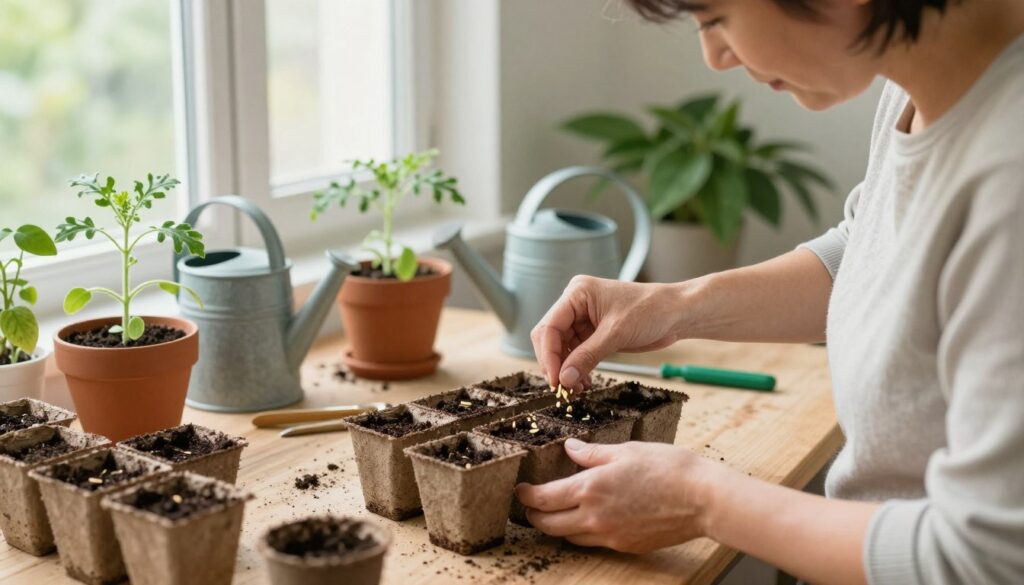 A detailed step-by-step guide for planting watermelon seeds indoors. In the foreground, show a focused gardener, a middle-aged person dressed in modest casual clothing, carefully sowing small watermelon seeds into individual biodegradable pots filled with rich soil. In the middle ground, display a neatly organized indoor gardening setup with various pots, a watering can, and gardening tools. The background should feature a bright window with natural light streaming in, illuminating the room, and some green houseplants to enhance the atmosphere of growth and nurturing. Use a soft-focus lens effect to create a warm and inviting mood, emphasizing the joy of indoor gardening and the anticipation of healthy watermelon plants. A detailed step-by-step guide for planting watermelon seeds indoors. In the foreground, show a focused gardener, a middle-aged person dressed in modest casual clothing, carefully sowing small watermelon seeds into individual biodegradable pots filled with rich soil. In the middle ground, display a neatly organized indoor gardening setup with various pots, a watering can, and gardening tools. The background should feature a bright window with natural light streaming in, illuminating the room, and some green houseplants to enhance the atmosphere of growth and nurturing. Use a soft-focus lens effect to create a warm and inviting mood, emphasizing the joy of indoor gardening and the anticipation of healthy watermelon plants.