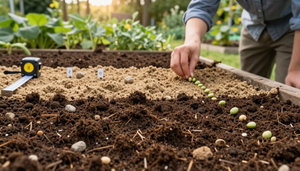 A detailed view of various soil types ideal for planting green bean seeds, featuring fresh, rich, dark brown soil, sandy loam, and clay soil displayed in layers. In the foreground, a close-up of the soil's texture reveals small stones, organic matter, and moisture. The middle ground shows seed planting depth indicators, with a tape measure resting beside it, while a gardener is gently placing seeds into different soil types, dressed in modest casual clothing. The background features a lush garden scene with vibrant green plants and sunlight filtering through trees, creating a warm, inviting atmosphere. The overall mood should evoke a sense of care for nature and gardening enthusiasm, with soft, natural lighting highlighting the soil's details. A detailed view of various soil types ideal for planting green bean seeds, featuring fresh, rich, dark brown soil, sandy loam, and clay soil displayed in layers. In the foreground, a close-up of the soil's texture reveals small stones, organic matter, and moisture. The middle ground shows seed planting depth indicators, with a tape measure resting beside it, while a gardener is gently placing seeds into different soil types, dressed in modest casual clothing. The background features a lush garden scene with vibrant green plants and sunlight filtering through trees, creating a warm, inviting atmosphere. The overall mood should evoke a sense of care for nature and gardening enthusiasm, with soft, natural lighting highlighting the soil's details.