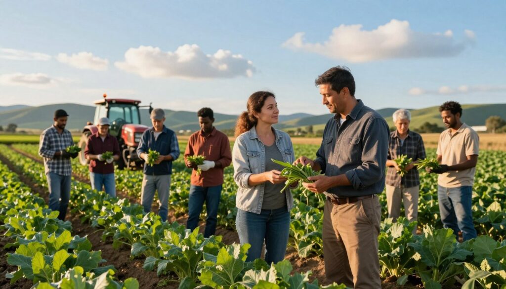A diverse group of farmers in a lush agricultural landscape, standing together in a field of vibrant crops, showcasing their dedication to farming. In the foreground, two farmers, one male and one female, are discussing while holding crop samples, both dressed in professional, yet casual attire. The middle ground features rows of healthy, green plants and a tractor in operation. In the background, soft rolling hills and a clear blue sky with a few fluffy clouds create a serene atmosphere. The lighting is warm and inviting, as if capturing the golden hour before sunset. The scene conveys a sense of community, hope, and dedication to sustainable farming practices.